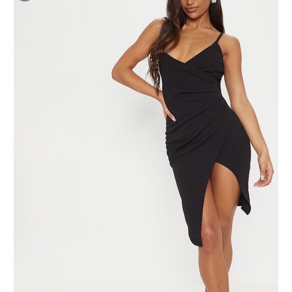 prettylittlething velvet wrap midi dress in pink